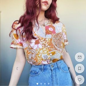 *RARE* Vintage 1970’s Inspired Boho Unique Retro Floral Button Up Blouse